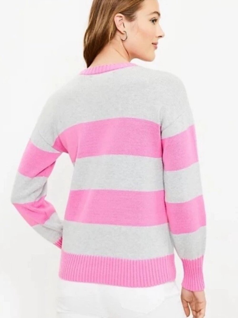 Ann Taylor LOFT Womens Gray Pink Striped Golf Birdie Preppy Crew Neck Sweater XS - Picture 5 of 6